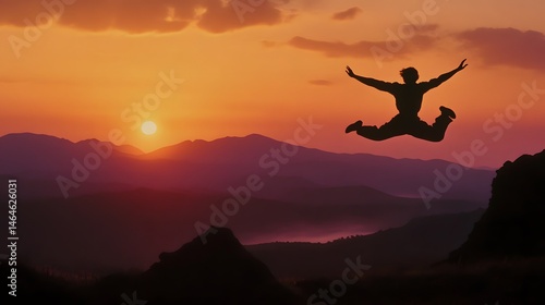 Silhouette of a person leaping at sunset over mountain peaks.