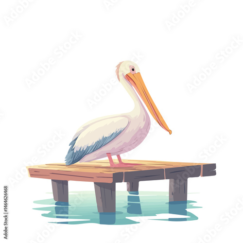 2D flat vector illustration of A Pelican Resting On A Wooden Pier, isolated on a white background.
