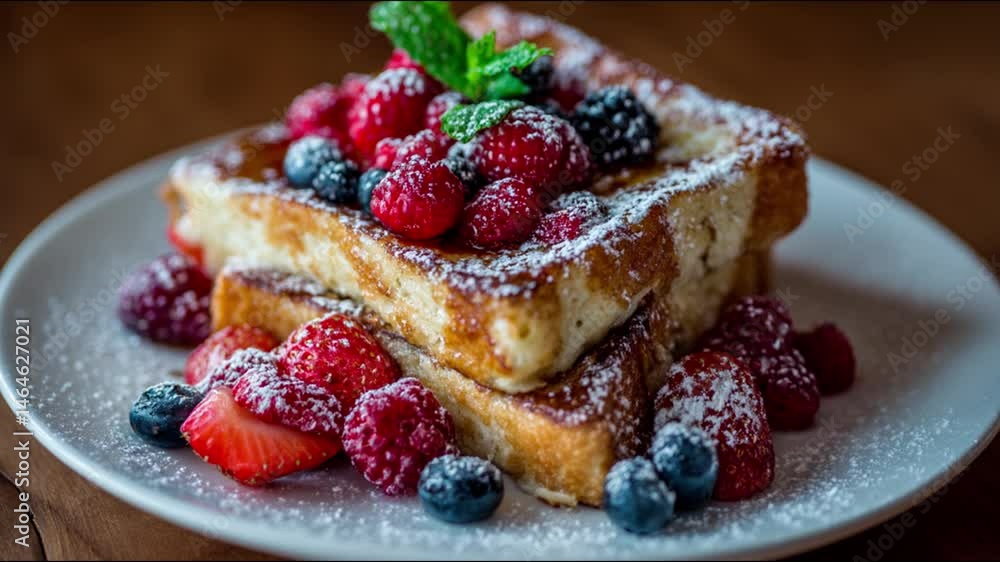 Delicious French toast with mixed berries on a white plate Delicious French toast with mixed berries on a white plate