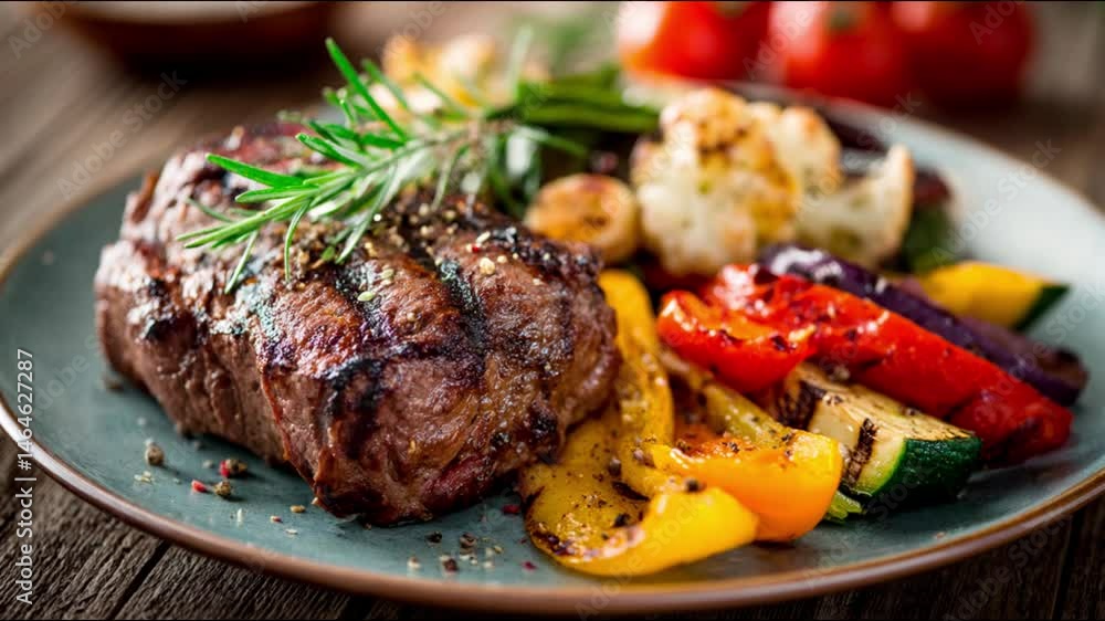 A juicy grilled steak with roasted vegetables on a blue plate A juicy grilled steak with roasted vegetables on a blue plate