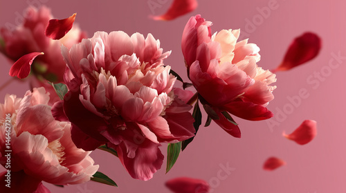 Vibrant Pink Peony Flowers with Petals Floating on Pink Background