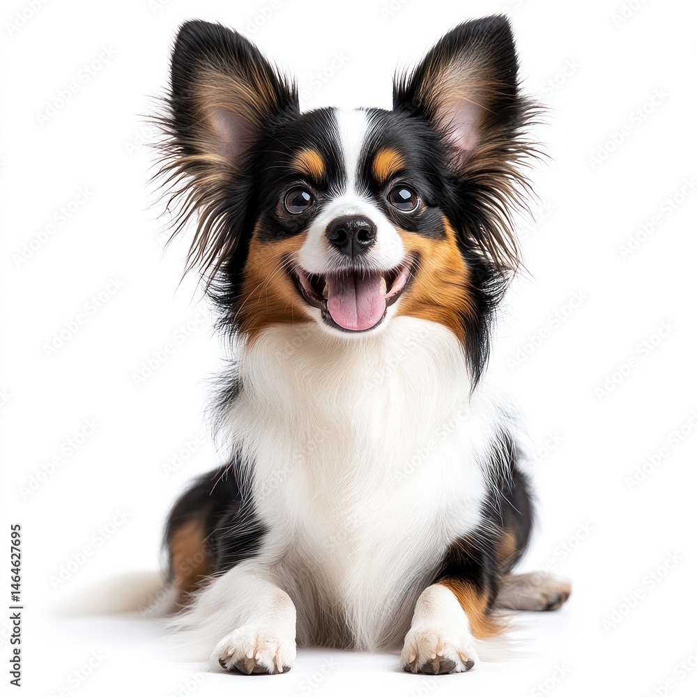 Happy and Playful Dog with Fluffy Ears and Bright Eyes Sitting Upright on a White Background Happy and Playful Dog with Fluffy Ears and Bright Eyes Sitting Upright on a White Background