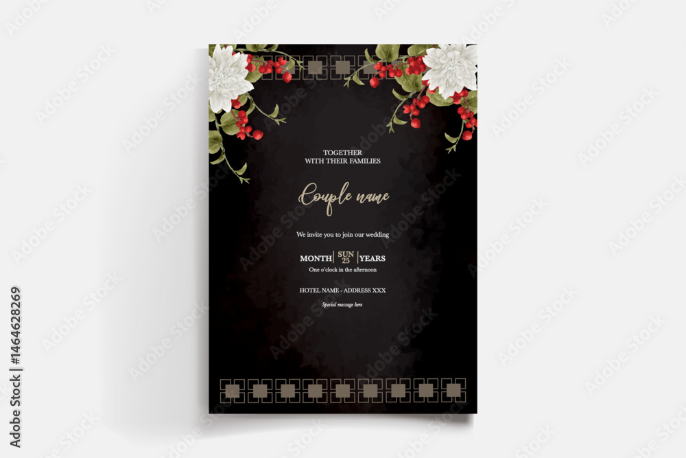 WEDDING INVITATION FRAME WITH FLOWER DECORATIONS AND FRESH LEAVES WEDDING INVITATION FRAME WITH FLOWER DECORATIONS AND FRESH LEAVES