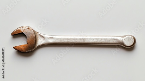 An old, rusty wrench lies against a clean backdrop, representing the passage of time and the value of tools, evoking feelings of nostalgia and craftsmanship.