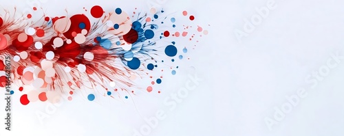 Red white and blue abstract burst with circular elements on white with copy space as festive banner background concept for Independence Day, Memorial Day or Veterans Day