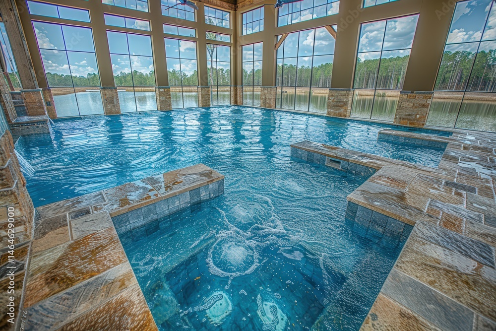 Obraz premium Indoor swimming pool with large windows and natural light.