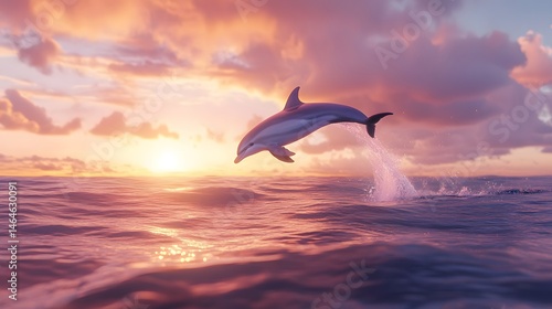 A dolphin leaping out of the ocean at sunrise