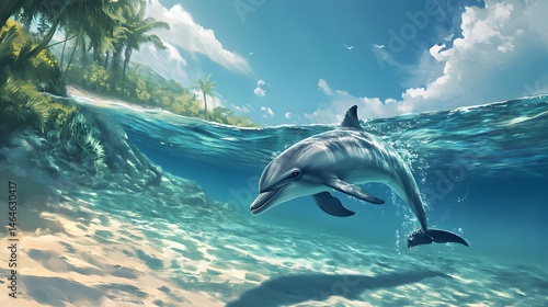 A dolphin swimming near the shore