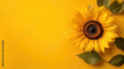 A cheerful sunflower gracing a bright yellow background, symbolizing happiness and positivity, perfect for adding a touch of joy and warmth to any environment or artistic project.