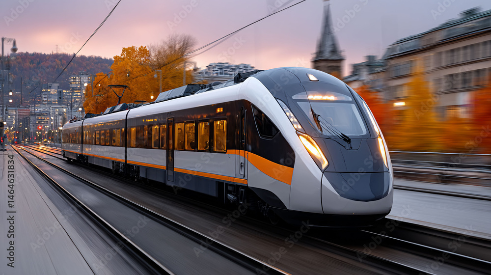 Naklejka premium Modern high-speed train speeds down the track in the city at sunset, blurring motion