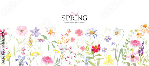 Abstract spring floral art background vector illustration. Watercolor hand painted botanical flower, leaves, eucalyptus, wildflower, stalk. Design for wallpaper, banner, card, print, wedding.