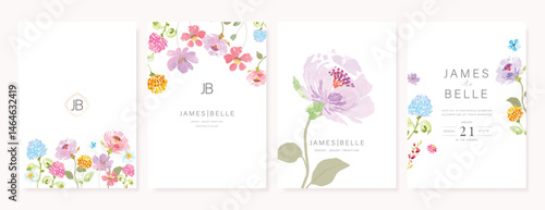 Elegant wedding invitation card background vector. Minimal hand painted watercolor botanical flowers texture template background. Design illustration for wedding, vip cover, poster, rsvp modern card. 