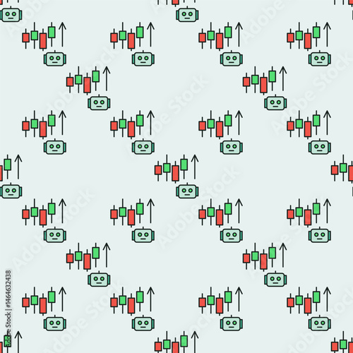 Cryptocurrency Candlestick Chart and AI Bot vector Crypto Trading colored seamless pattern