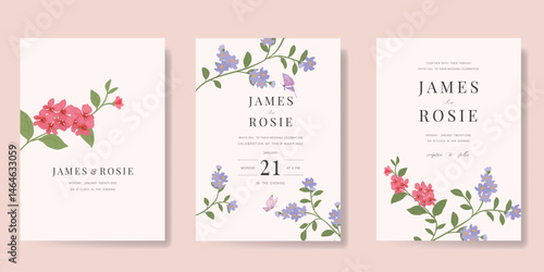 Elegant wedding invitation card background vector. Minimal hand painted watercolor botanical flowers texture template background. Design illustration for wedding, vip cover, poster, rsvp modern card. 