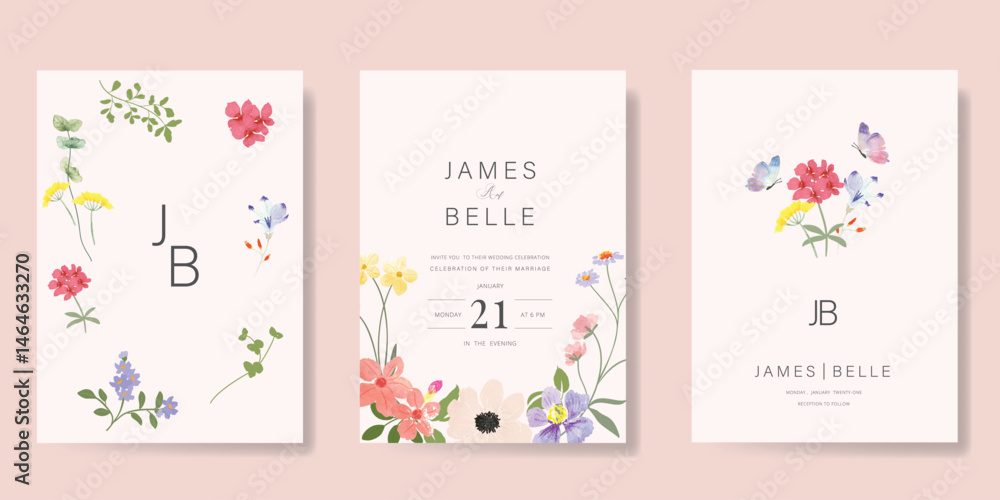 Elegant wedding invitation card background vector. Minimal hand painted watercolor botanical flowers texture template background. Design illustration for wedding, vip cover, poster, rsvp modern card. Elegant wedding invitation card background vector. Minimal hand painted watercolor botanical flowers texture template background. Design illustration for wedding, vip cover, poster, rsvp modern card.