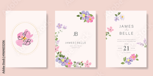Elegant wedding invitation card background vector. Minimal hand painted watercolor botanical flowers texture template background. Design illustration for wedding, vip cover, poster, rsvp modern card. 