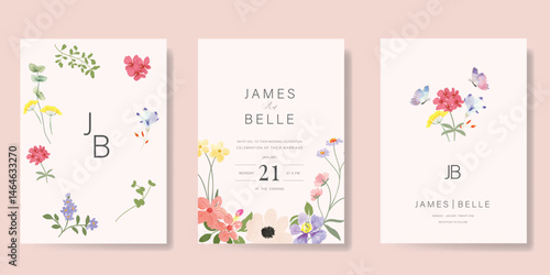 Elegant wedding invitation card background vector. Minimal hand painted watercolor botanical flowers texture template background. Design illustration for wedding, vip cover, poster, rsvp modern card. 