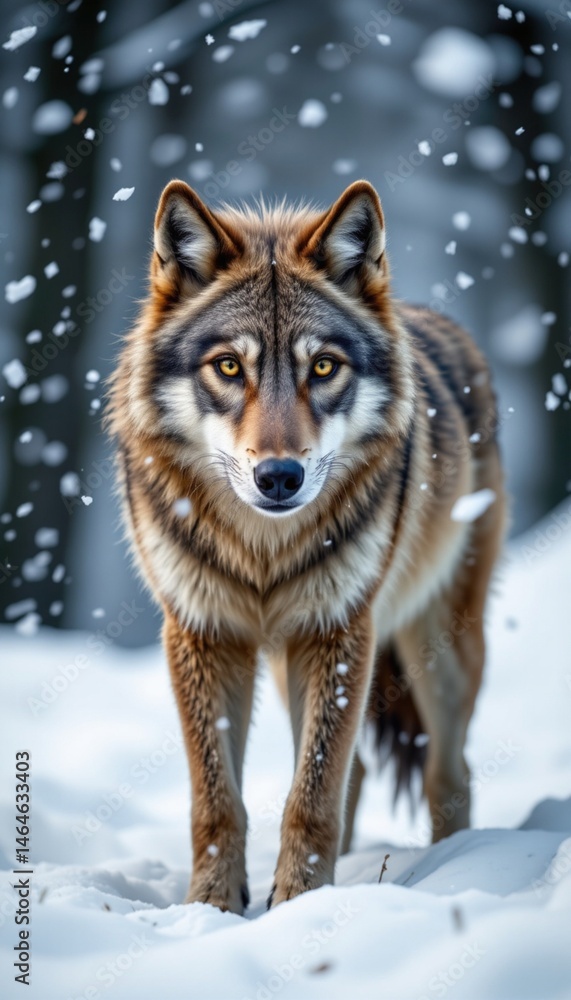 majestic wolf with yellow eyes standing in falling snow. majestic wolf with yellow eyes standing in falling snow.