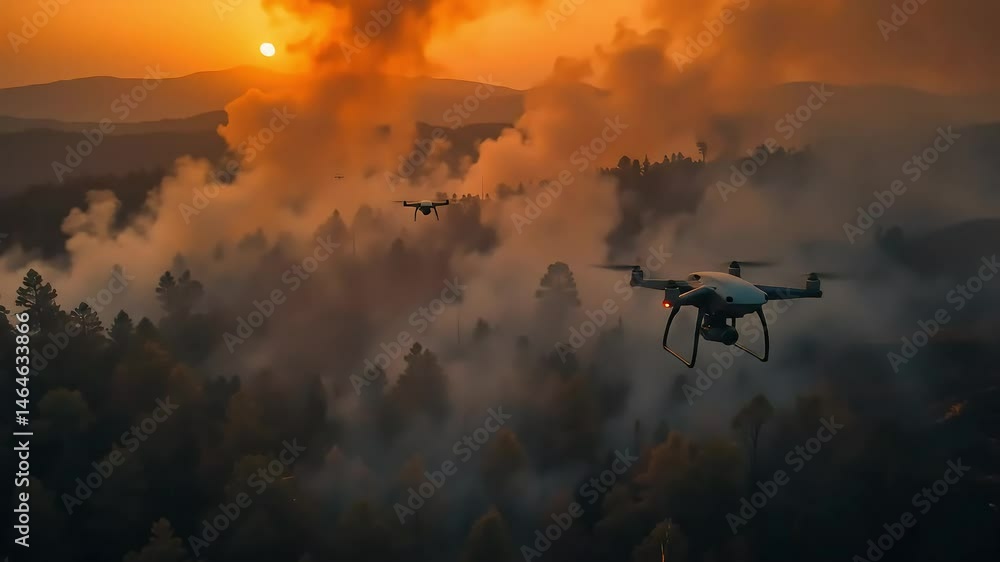 Aerial View of Drones Flying Over a Forest Fire at Sunset Aerial View of Drones Flying Over a Forest Fire at Sunset