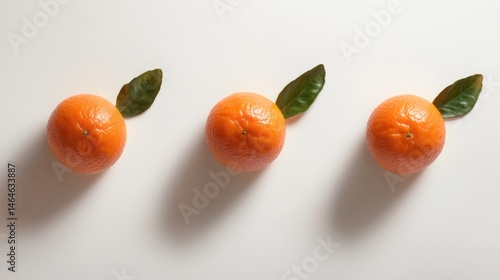 Three Juicy Mandarin Oranges with Leaves on White Background