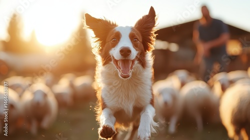 A joyful dog runs through a field of sheep, basking in the golden glow of sunset; its playful energy captures the spirit of companionship and the bond between animals.