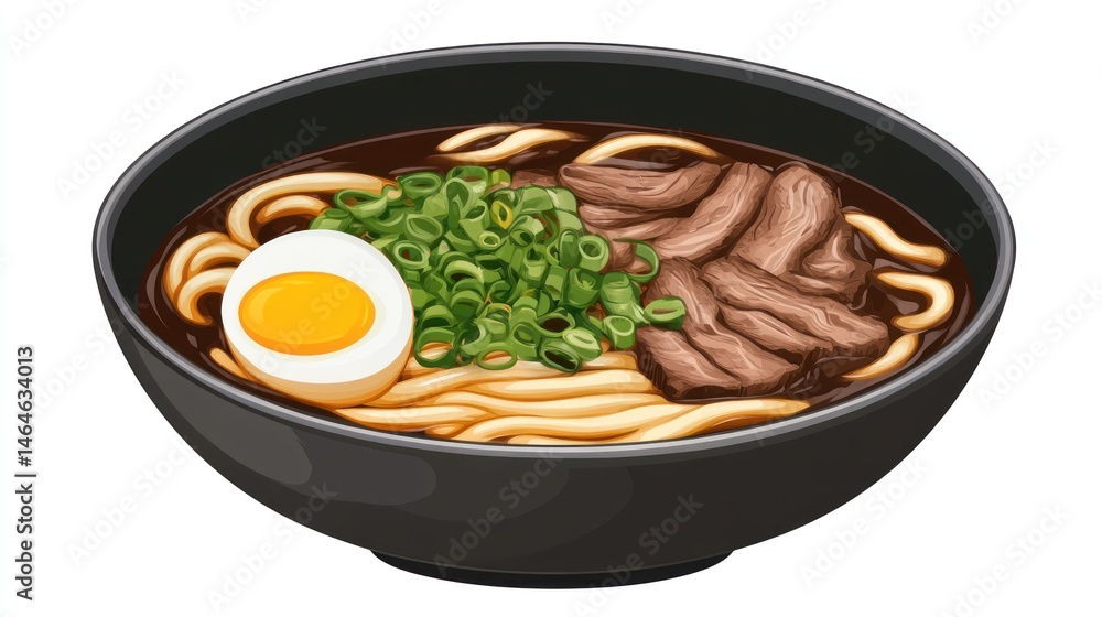 Delicious Beef Ramen Noodles with Soft Boiled Egg and Spring Onions in a Dark Bowl