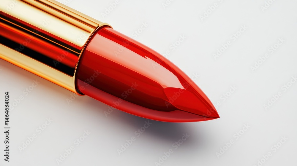 Red Lipstick: A close-up of a vibrant red lipstick with a gold casing, showcasing its glossy texture and elegant design. Perfect for beauty, fashion, and makeup blogs.