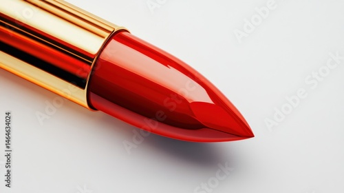 Obraz na płótnie Red Lipstick: A close-up of a vibrant red lipstick with a gold casing, showcasing its glossy texture and elegant design. Perfect for beauty, fashion, and makeup blogs. w salonie
