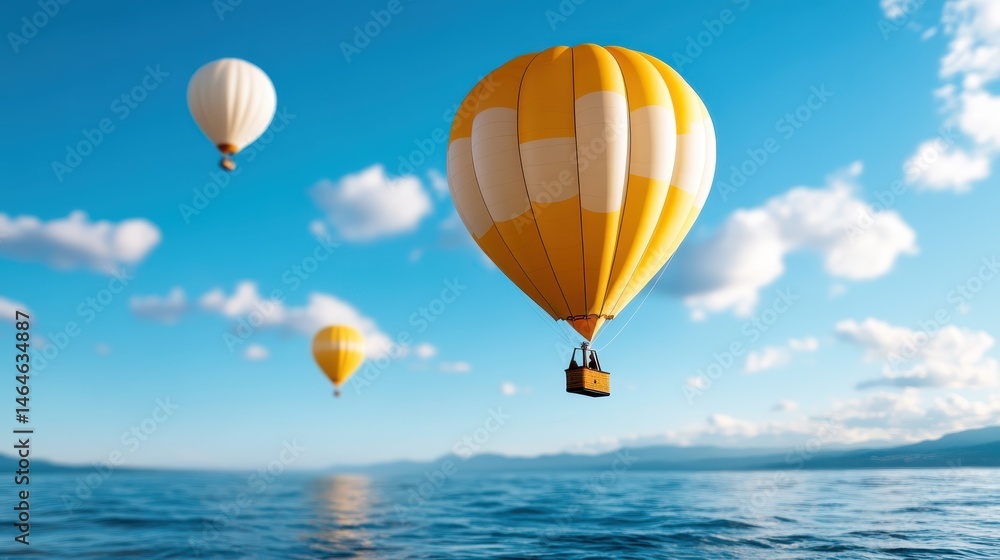 Brightly colored hot air balloons drift gracefully above the serene ocean, encapsulating the joy of adventure and exploration amid a picturesque and clear blue sky. Brightly colored hot air balloons drift gracefully above the serene ocean, encapsulating the joy of adventure and exploration amid a picturesque and clear blue sky.