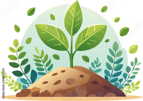 Minimal cartoon-style plant with fresh green leaves growing from brown soil. Surrounded by decorative foliage, perfect for nature themes, eco projects, or environment-friendly concepts.