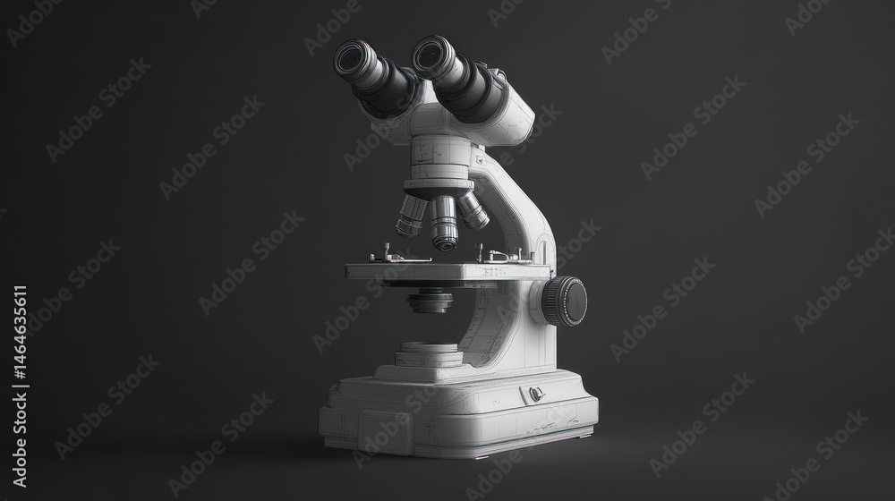 A Detailed 3D Render of a Modern White Microscope Against a Dark Background