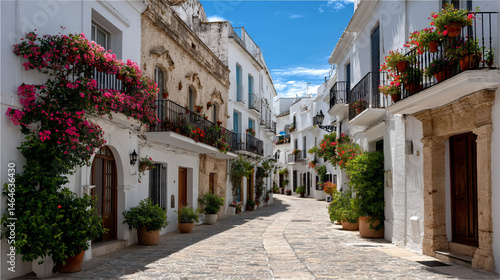 Picturesque street with white buildings and vibrant flowers in the bright sunlight