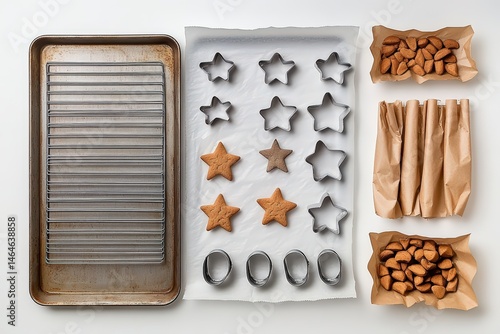  Baking tools, star cookie cutters, and cookies on tray with bags of almonds arranged neatly for festive sweet preparation.