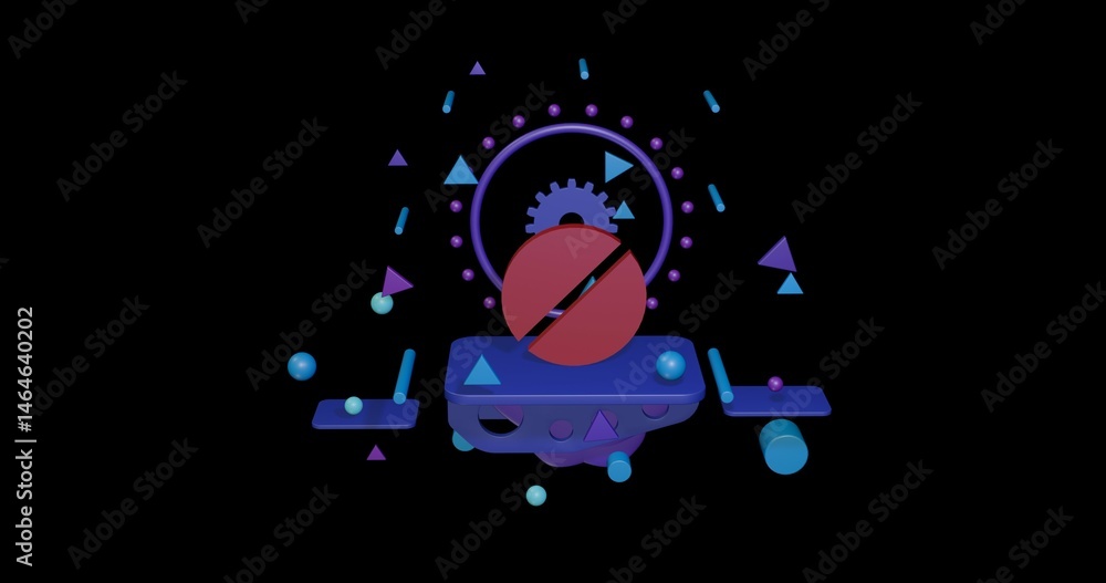 Naklejka premium Red pill symbol on a pedestal of abstract geometric shapes floating in the air. Abstract concept art with flying shapes in the center. 3d illustration on black background