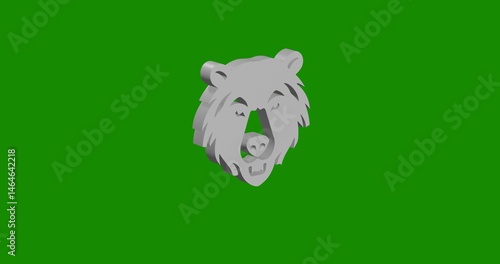 Isolated realistic white bear head symbol front view with shadow. 3d illustration on green chroma key background