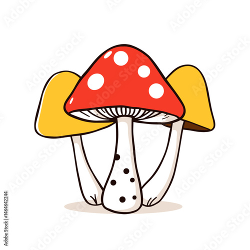 Fly agaric mushrooms, a red and poisonous fungus often depicted in nature illustrations and cartoons, are also known as Amanita muscaria toadstools found in the forest during the autumn season
