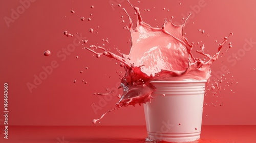 This captivating image captures the dynamic splash of bright red liquid erupting from a white bucket, illustrating the concept of energy and excitement in a creative manner.