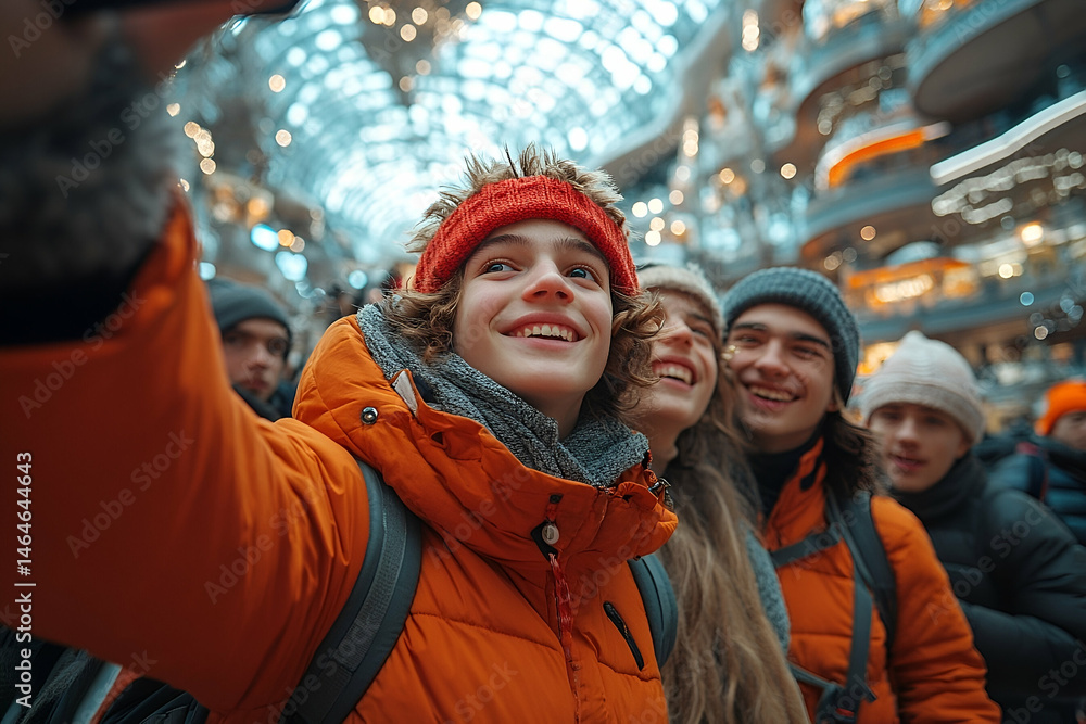Smiling Friends Taking a Selfie in Modern Shopping Mall Smiling Friends Taking a Selfie in Modern Shopping Mall