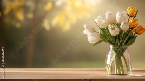 Wallpaper Mural A beautiful arrangement of white and orange tulips in a clear glass vase, radiating a sense of freshness and vibrancy, perfect for brightening any space. Torontodigital.ca