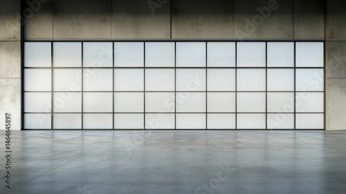 Modern architectural interior with large gridded window and concrete wall