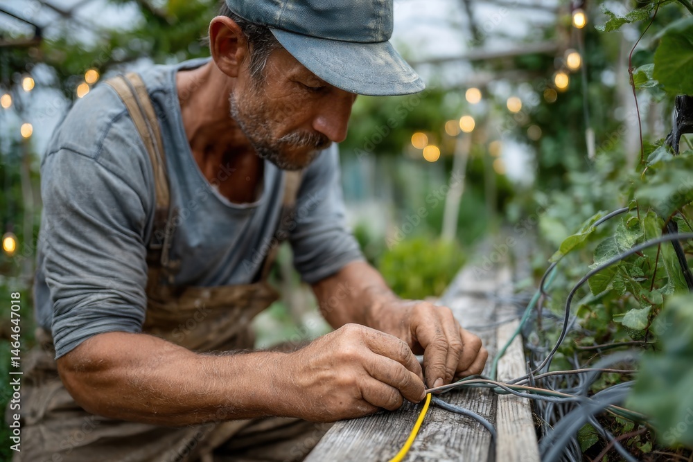 Fototapeta premium Mature man wiring a greenhouse structure wearing weathered cap and overalls focusing on the connection with plants visible