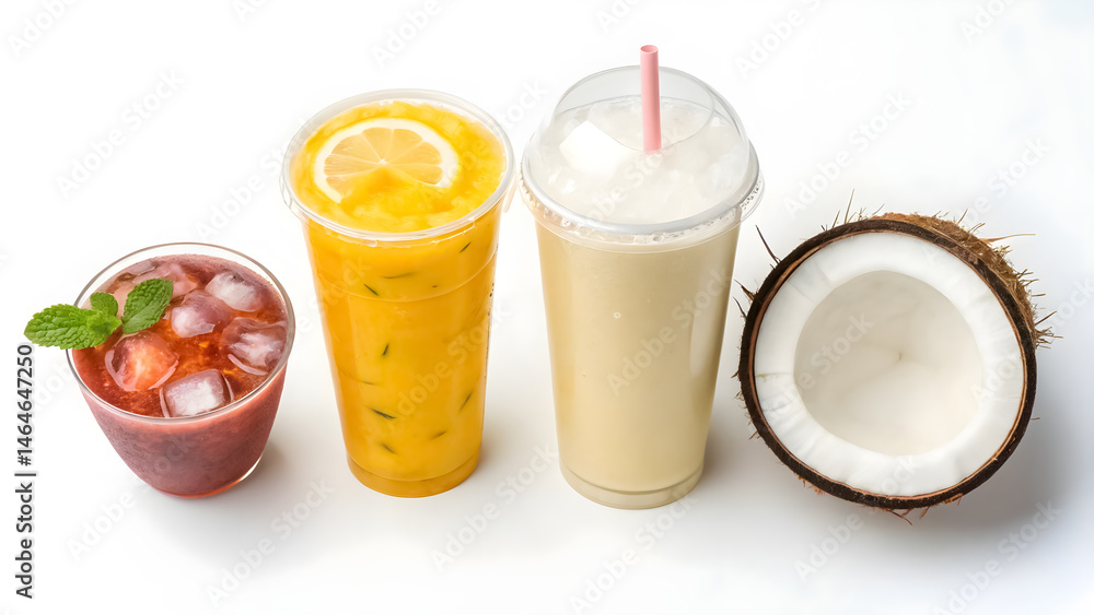 Flat lay summer drink collection: lemonade, smoothie, iced tea, coconut drink, with white background Flat lay summer drink collection: lemonade, smoothie, iced tea, coconut drink, with white background