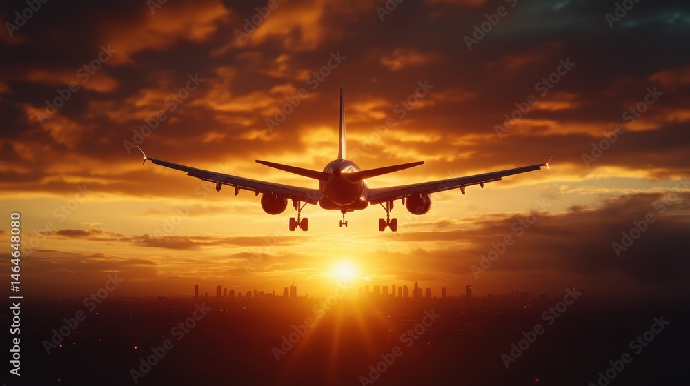 A stunning image of an airplane approaching for landing during a vibrant sunset, showcasing a beautiful skyline and dramatic clouds in the background. A stunning image of an airplane approaching for landing during a vibrant sunset, showcasing a beautiful skyline and dramatic clouds in the background.