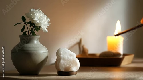 Calm Minimalist Altar Setup with Flower and Salt Lamp