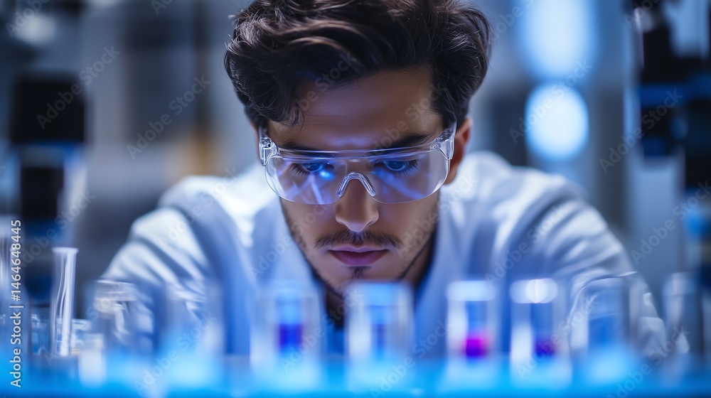 Scientist carefully analyzing biochemical samples in clean, well-equipped modern laboratory Scientist carefully analyzing biochemical samples in clean, well-equipped modern laboratory