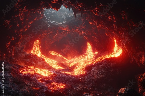 Lava flows within a cavernous, fiery cave