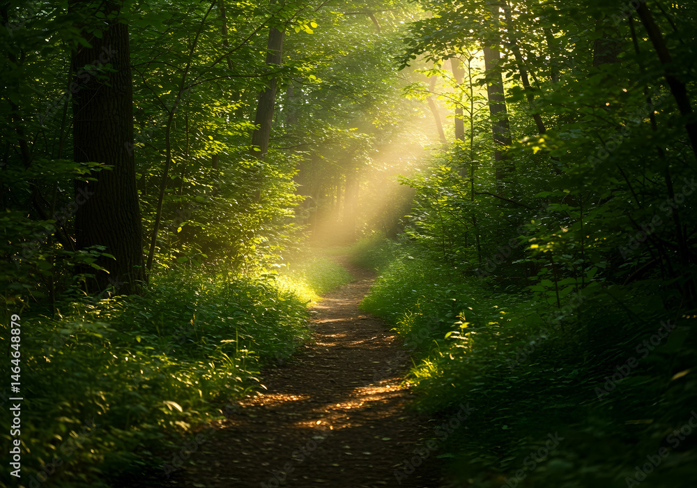 Obraz premium Sunbeams through lush forest path magical morning hike nature trail woodland scene tranquility escape serene woods journey adventure
