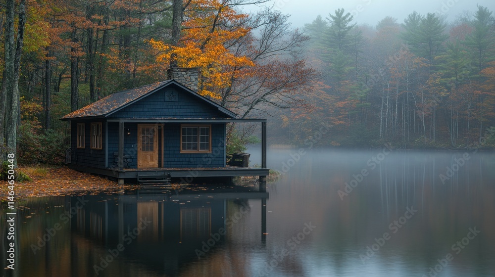Fototapeta premium Tranquil autumn cabin on a misty lake