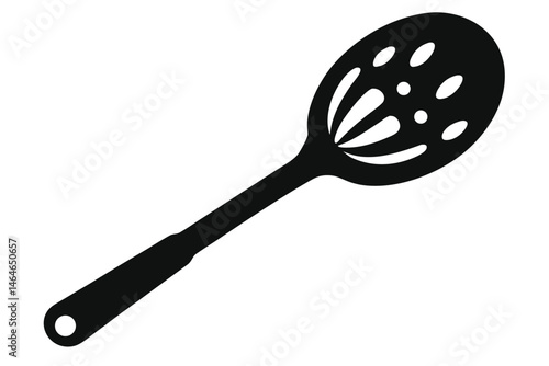 Isolated black skimmer spoon has slots and a hole at handle end