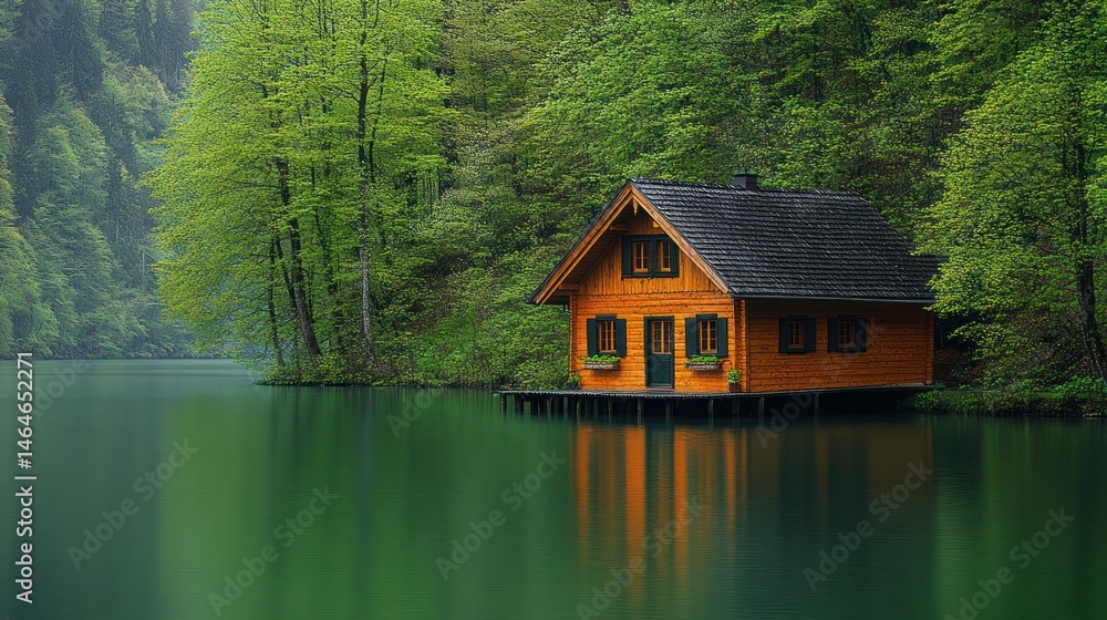 Fototapeta premium Tranquil cabin on a serene lake in a lush forest